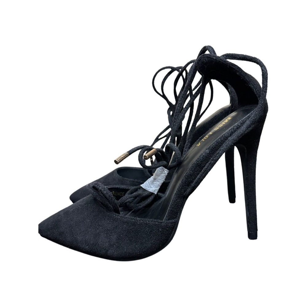 Black suede lace up pointed toe heels
